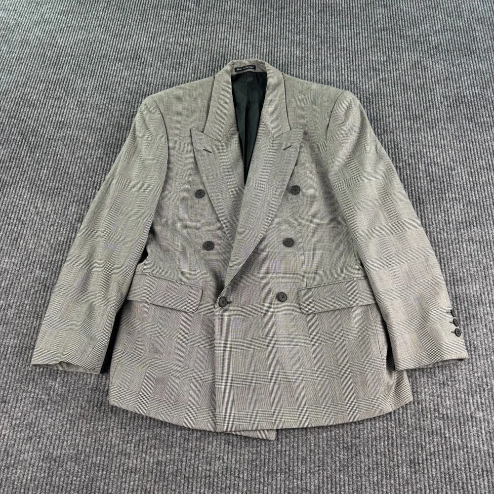 Vintage YSL Blazer Men 40S Gray Plaid Double Breasted Bespoke Portugal Wool